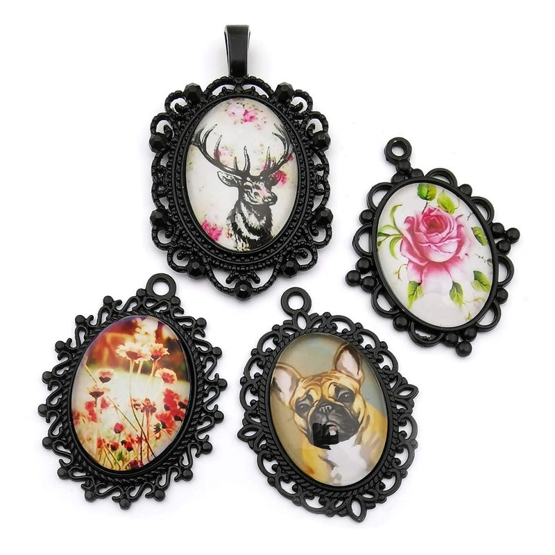 Youdiyla 16 Sets 18x25mm Photo Pendant Trays Kits with Matching Glass Cabochon, Black Tone, Base Setting Blank Bezel Frame Cameo (HM181) - Image 3